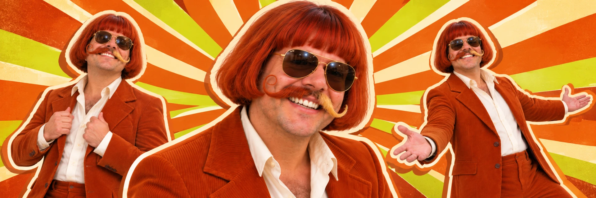 Benny Bellissimo in his orange suit, red bob and signature sunglasses
